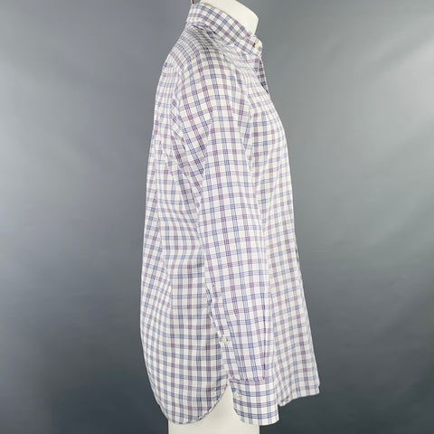 ISAIA Size M White Grey Purple Plaid Cotton Spread Collar Long Sleeve Shirt