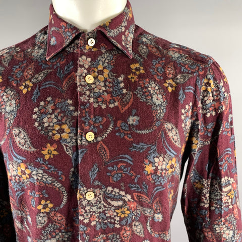 KITON Size M Burgundy Floral Long Sleeve Shirt