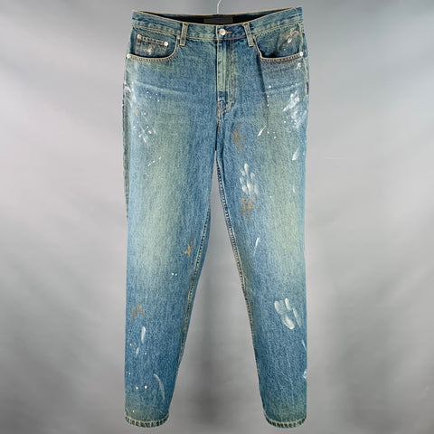 HELMUT LANG Size 32 Cropped Wide Leg Blue Paint Splatter Cotton Adjustable Five Pockets Jeans