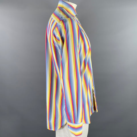 ETRO Size XL Blue Purple Yellow Stripe Cotton Pointed Collar Long Sleeve Shirt