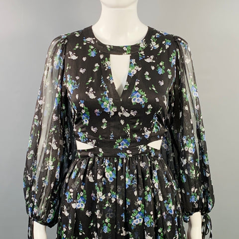 MAJE Size S Black Green Blue Chiffon Floral Cutout Midi Dress