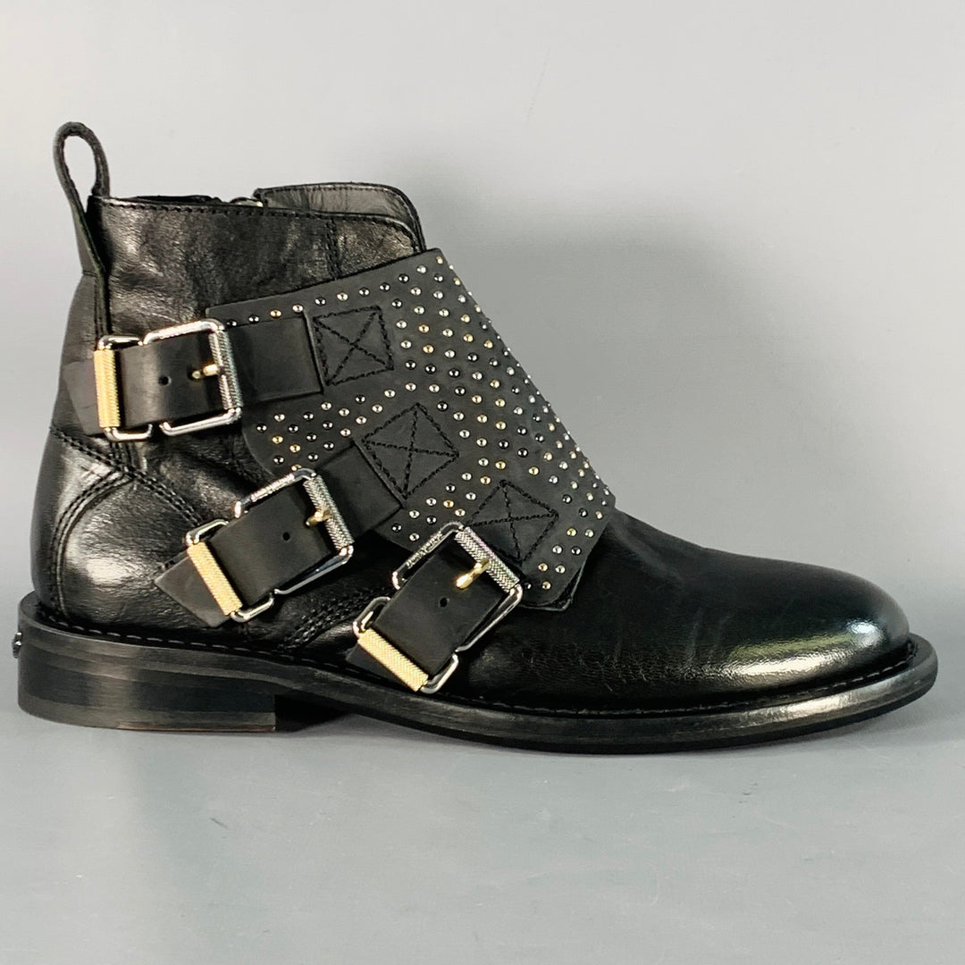 ZADIG & VOLTAIRE Size 8 Laureen Flap Black Studded Leather Belted Side Zipper Boots