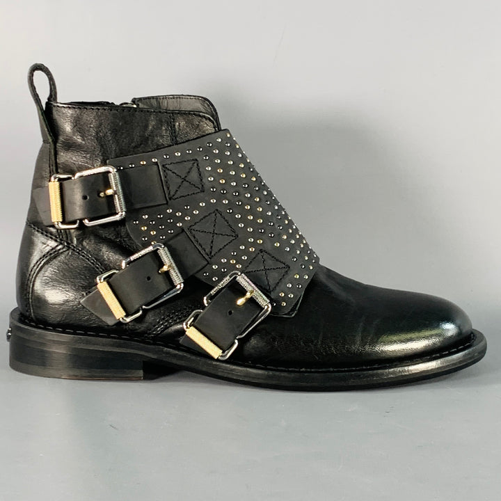 ZADIG & VOLTAIRE Size 8 Laureen Flap Black Studded Leather Belted Side Zipper Boots