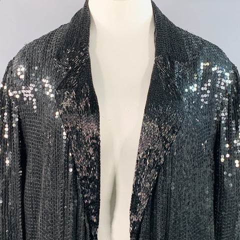 JUDITH ANN CREATIONS Vintage Size XL Black Silk Beaded Sequined Open Front Jacket Blazer
