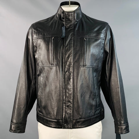 ROUNDTREE & YORKE Size L Black Lambskin Leather Motorcycle Jacket