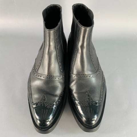 BALENCIAGA Size 9 Black Leather Perforated Wingtip Chelsea Boots