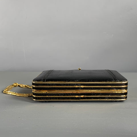 LORENZI Black Gold Leather Lizard Evening Handbag