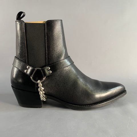 CELINE Size 9 Black Silver Leather Harness Boots