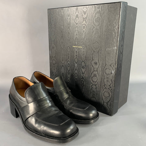DRIES VAN NOTEN Size 7 Black Leather Chunky Heel Penny Loafers