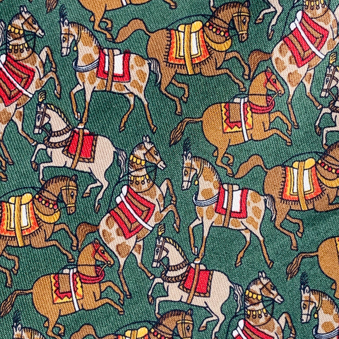 SALVATORE FERRAGAMO Green Taupe Horses Silk Tie