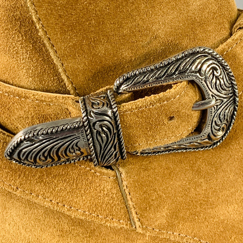 SAINT LAURENT Size 8 Hedi Strap Tan Silver Suede Western Buckle Boots
