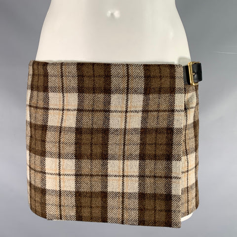 MIU MIU Size 2 Beige Brown Wool Blend Plaid Leather Mini Skirt