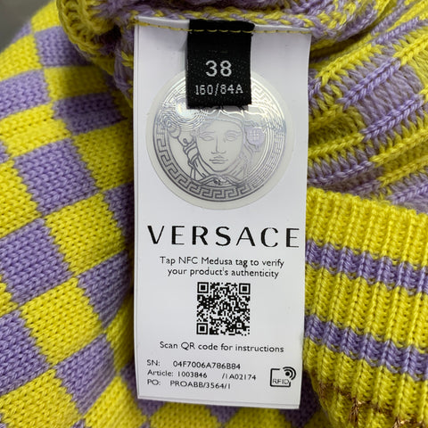 VERSACE Size S Yellow Lavender Wool Blend Checkered Crew Neck Casual Top