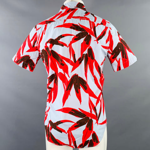 MARNI Size XS Blue Red Brown Leaves Cotton Button Up Short Sleeve Shirt