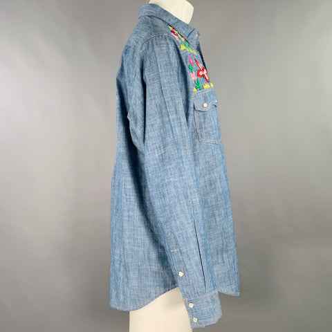 NEEDLES Size L Blue Multi Color Embroidery Chambray Snaps Long Sleeve Shirt