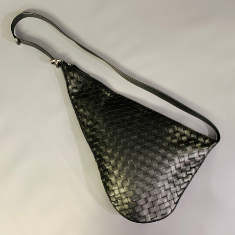 BOTTEGA VENETA Size L Virgule Black Woven Intrecchiato Leather Saddle Bag