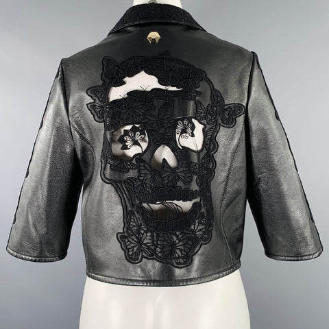PHILIPP PLEIN Size S Black Lace Skulls Lamb Skin Jacket