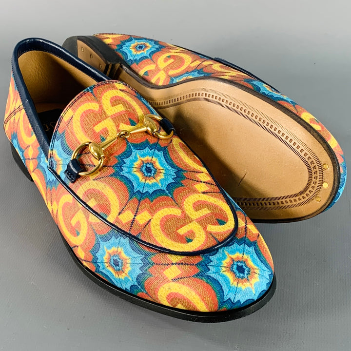 GUCCI Size 7 Orange Blue Coated Canvas Leather GG Print Horsebit Loafers Flats