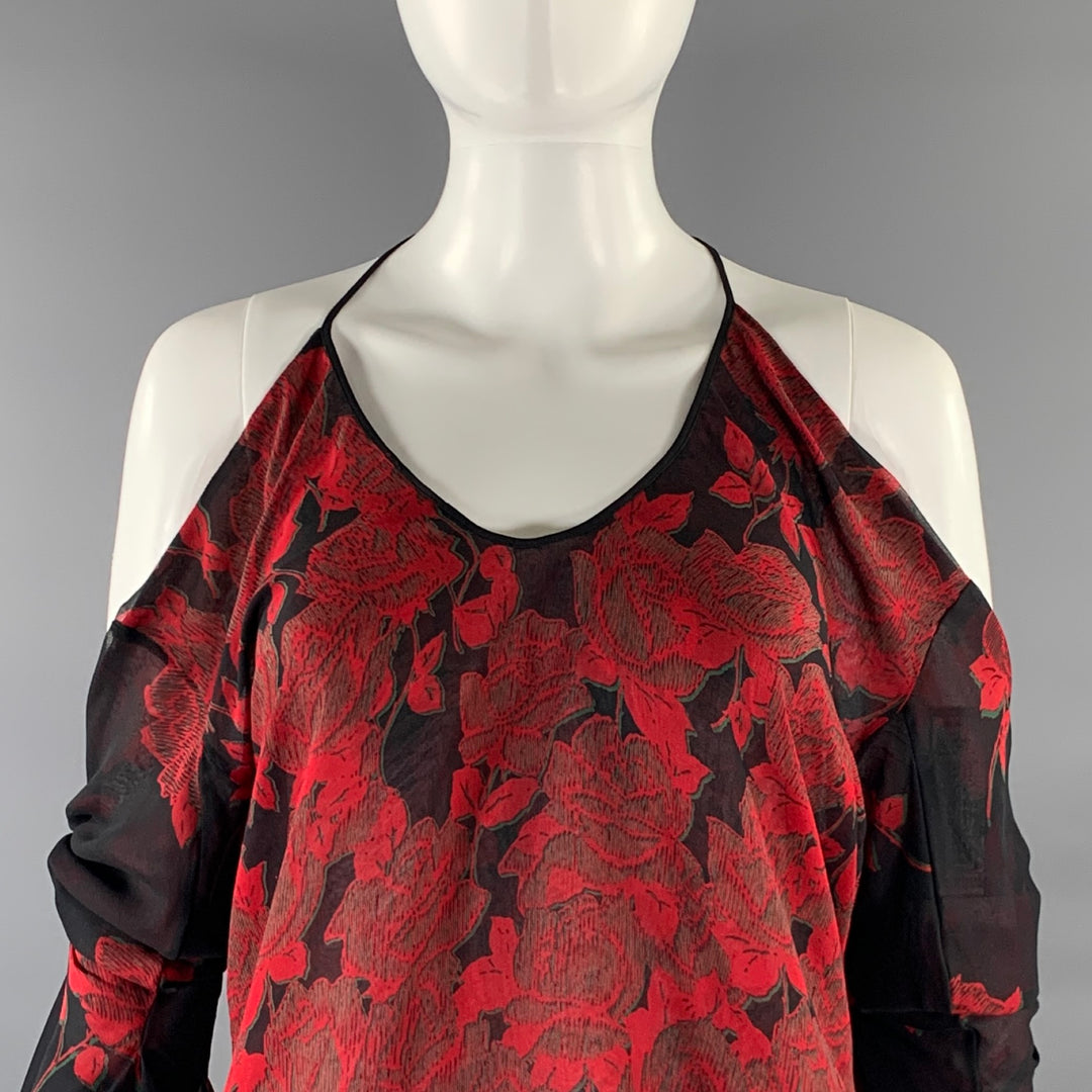 ALEXANDER MCQUEEN Size M Red Black Silk Blend Floral Blouse