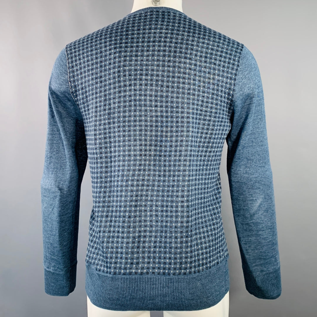 JOHN VARVATOS Size S Blue Grey Black Checkered Linen V-Neck Pullover