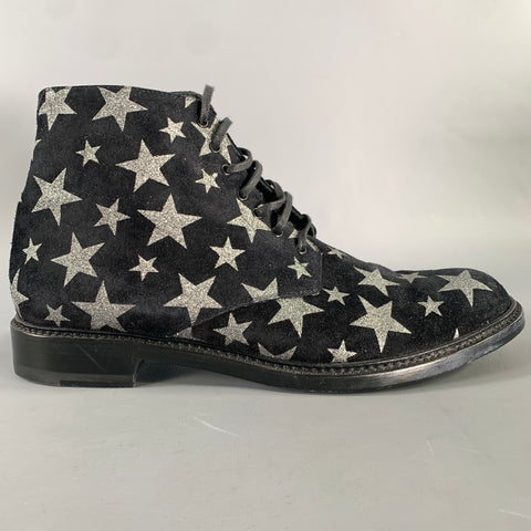 SAINT LAURENT Size 7.5 Black Silver Stars Leather Lace Up Boots