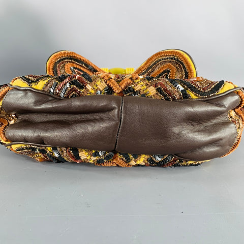 JAMIN PUECH Brown Yellow Beaded Cotton Leather Handbag