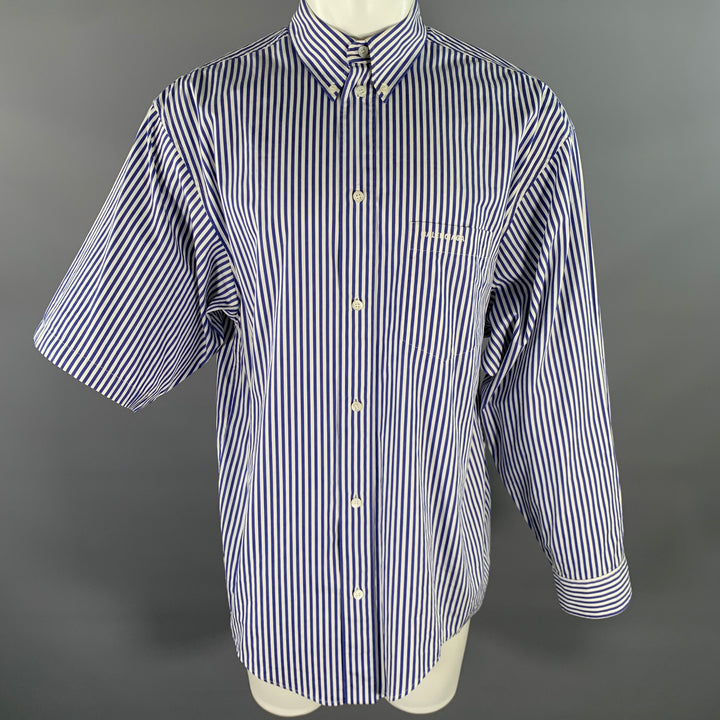 BALENCIAGA Size XXS Blue White Stripe Cotton Button Down Asymmetrical  Sleeve Shirt