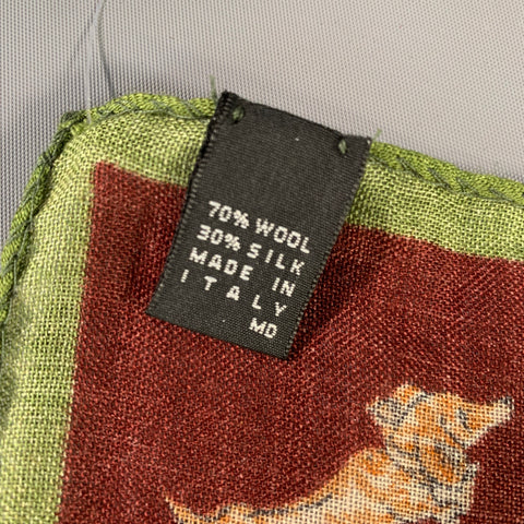 NO BRAND Burgundy Green Dogs Wool Pocket Square