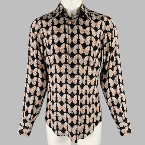GUCCI Size S Black Rose Grey Butterfly Silk Button Up Long Sleeve Shirt