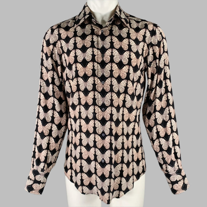 GUCCI Size S Black Rose Grey Butterfly Silk Button Up Long Sleeve Shirt