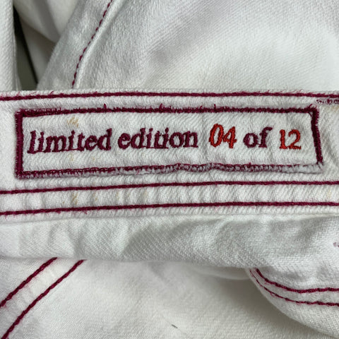 KITON Size 34 White Red Contrast Stitch Distressed Cotton Straight Jeans