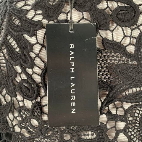 RALPH LAUREN Size 4 Black Cotton Lace Leather Trim Open Front Coat