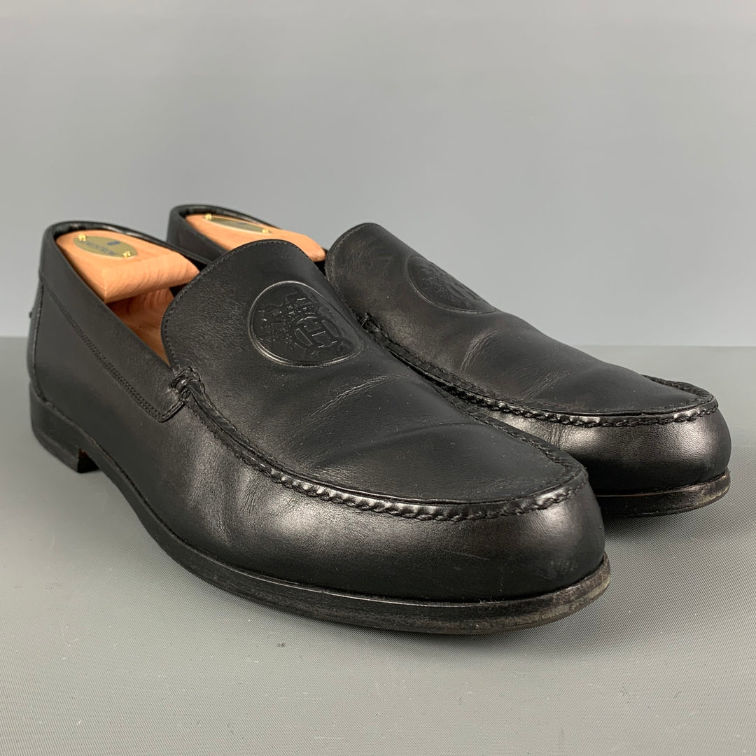 HERMES Size 9.5 H Crest Black Leather Slip On Loafers Sui Generis Designer Consignment HERMES Size 9.5 H Crest Black Leather Slip On Loafers Sui Generis Designer Consignment