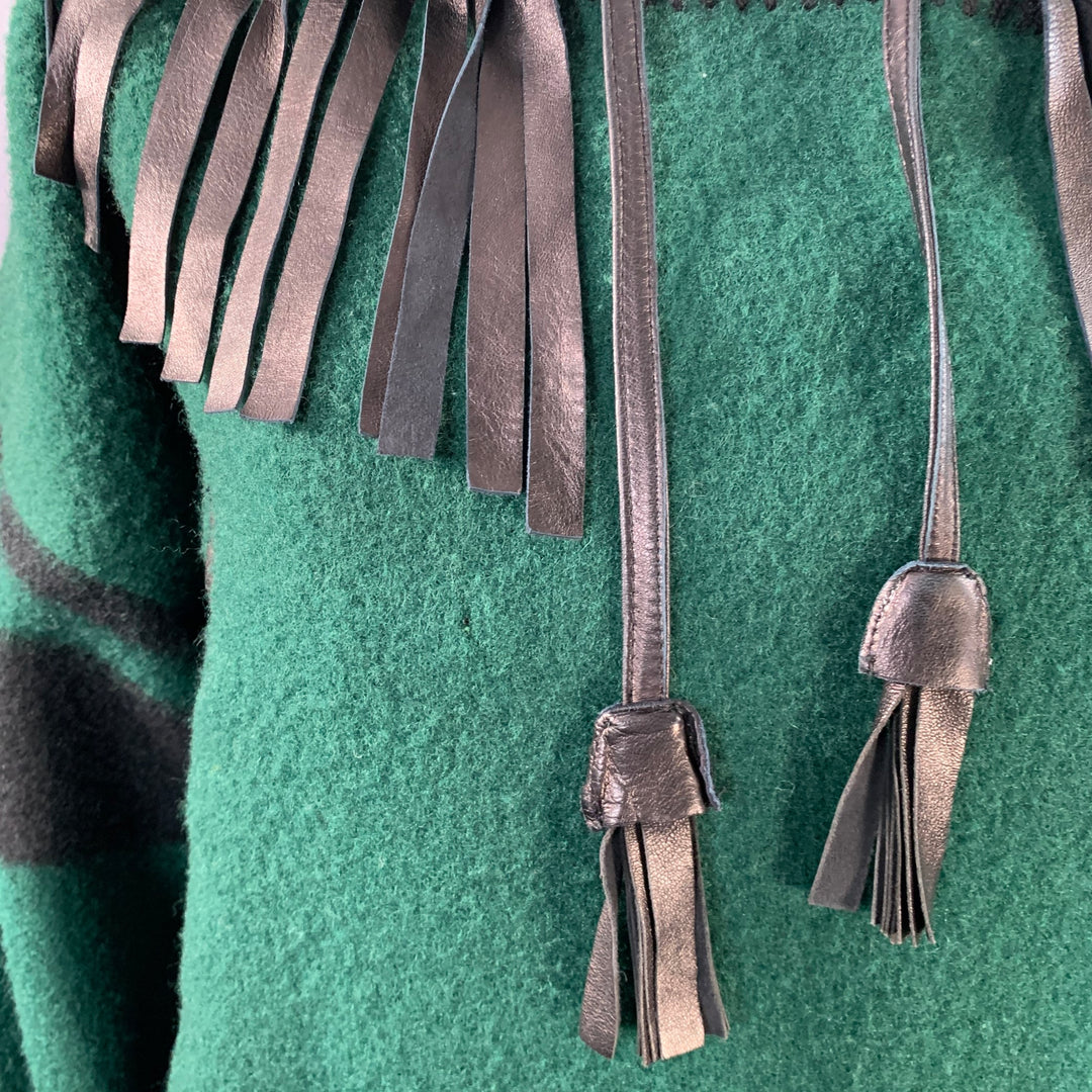 JEAN CHARLES DE CASTELBAJAC Size 2 Green Black Wool Leather Fringe Hooded Coat