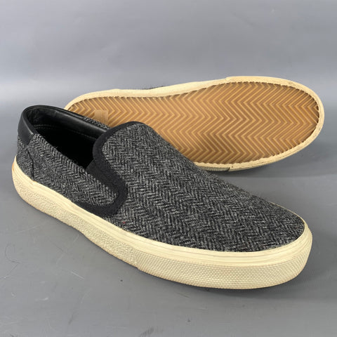SAINT LAURENT Size 9 Grey Black Herringbone Wool Slip On Sneakers