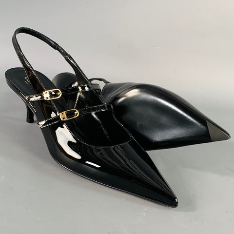 CELINE Size 12 Judy Black Patent Leather Slingback Kitten Heel Pumps