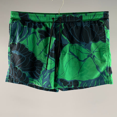 YUASA Size M Green Blue Floral Polyester Blend Swim Trunks