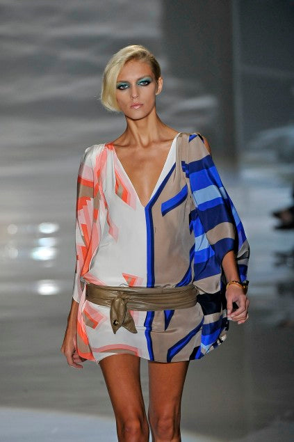 GUCCI  by Tom Ford SS 2009 Size M Blue Peach Silk Geometric V-Neck Mini Tunic Dress