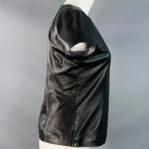 T by ALEXANDER WANG Size M Black Gold Lambskin Short Sleeve Back Zipper Casual Top