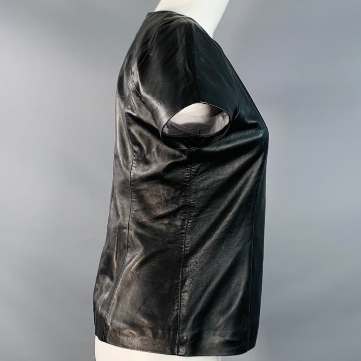 T by ALEXANDER WANG Size M Black Gold Lambskin Short Sleeve Back Zipper Casual Top
