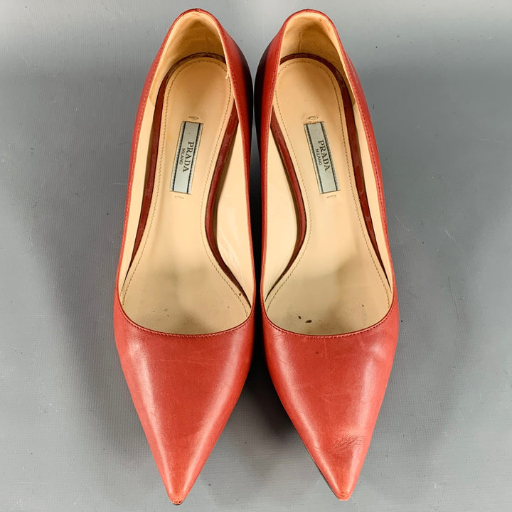 PRADA Size 8 Red Leather Kitten Heel Pointed Toe Pumps
