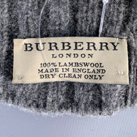 BURBERRY LONDON Grey Heather Ribbed Lambswool Visor Beanie Hat