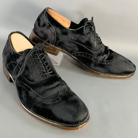 JOHN VARVATOS Size 10 Black Velvet Distressed Wingtip Lace-Up Shoes