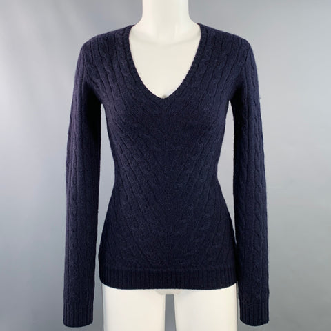 RALPH LAUREN Size S Navy Cashmere Cable Knit Slim Fit V-Neck Sweater