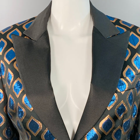 ETRO Size 8 Black Blue Metallic Geometric Peak Lapel Jacket Blazer