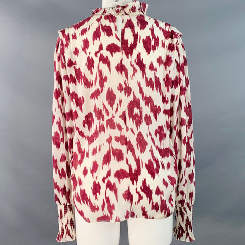 ISABEL MARANT Taille M Blouse Yoshi en Soie Imprimé Animal Blanc Framboise à Volants