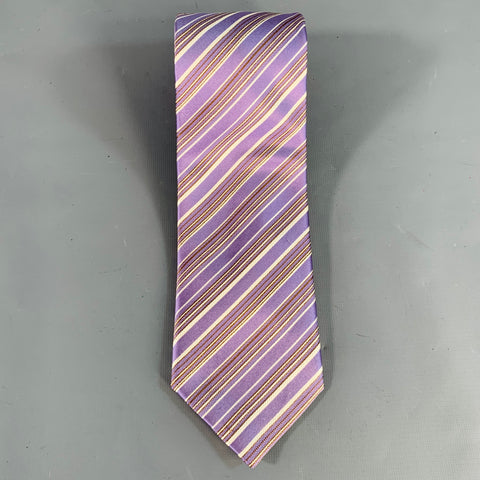 BRIONI Purple White Diagonal Stripe Silk Cotton Tie
