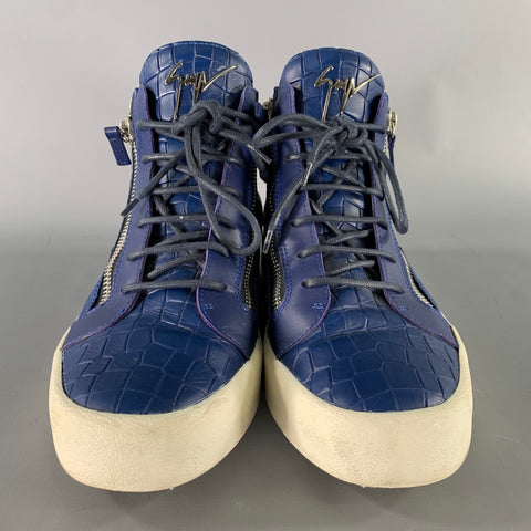 GIUSEPPE ZANOTTI Size 9.5 Blue White Embossed Leather High Top Sneakers