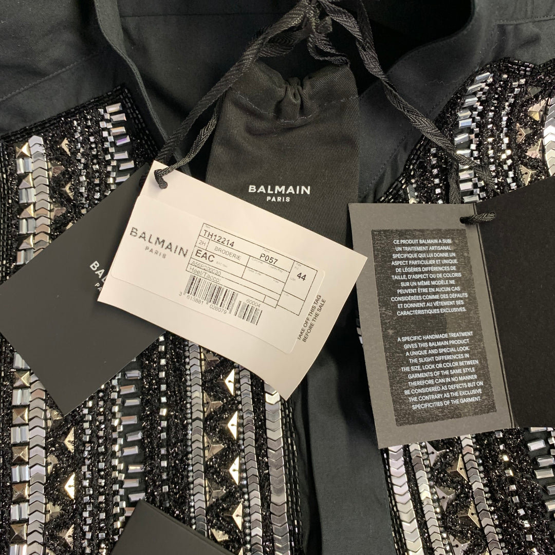 BALMAIN Size XS Black Silver Beaded Bib Nehru Collar Long Sleeve Shirt