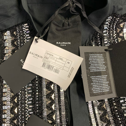 BALMAIN Size XS Black Silver Beaded Bib Nehru Collar Long Sleeve Shirt